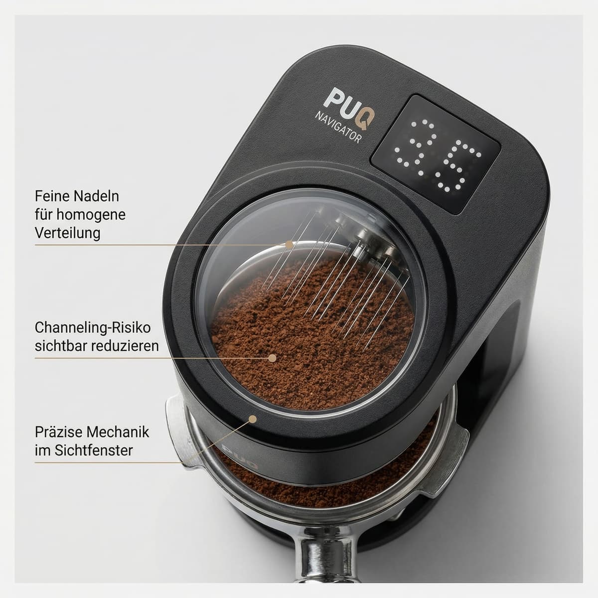 KI-optimiertes Amazon Produktbild: Kaffeemühle mit Feature-Highlights